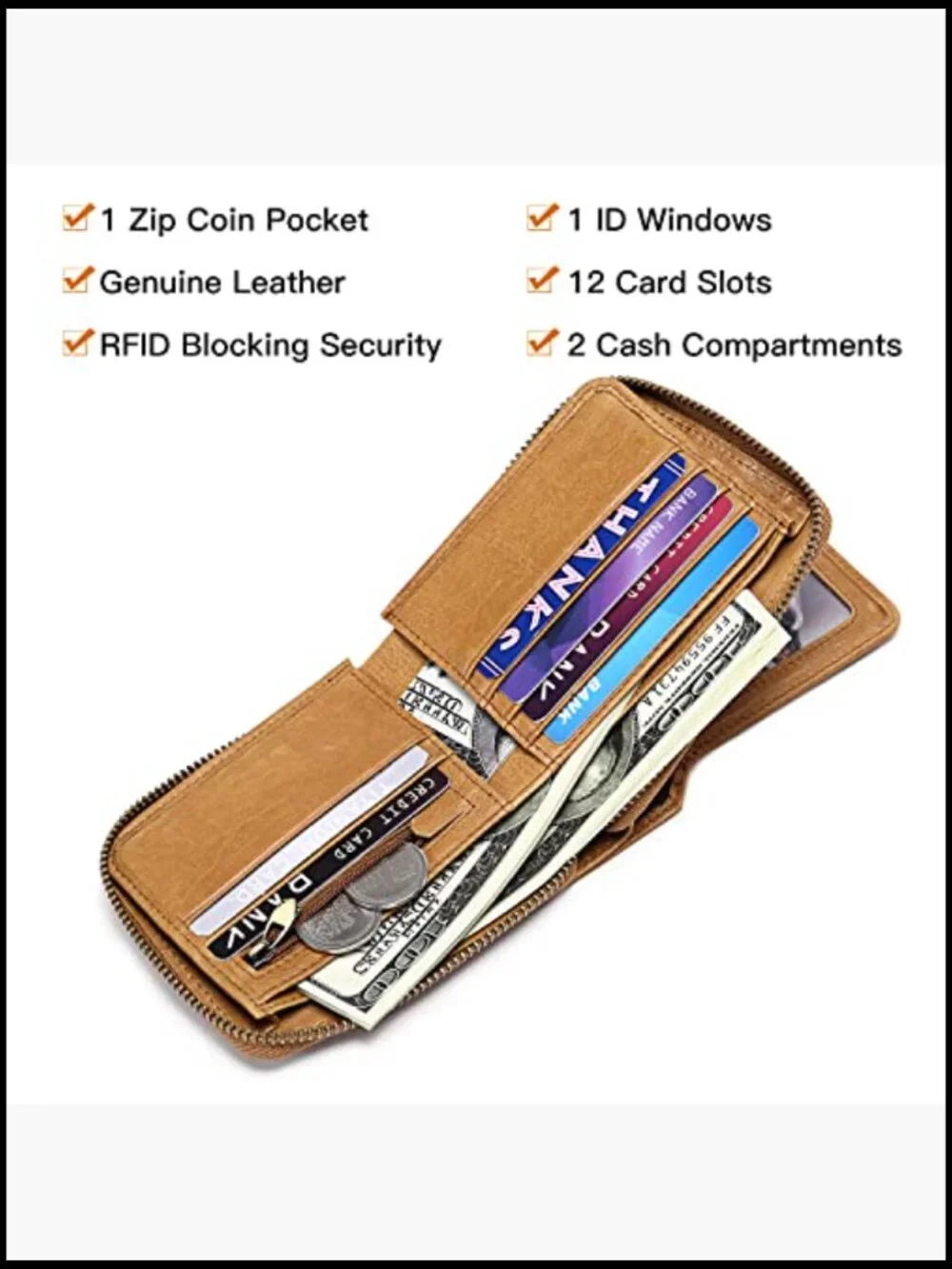 Genuine Leather RFID Blocking Zipper Wallet Large Capacity with Coin Pocket and